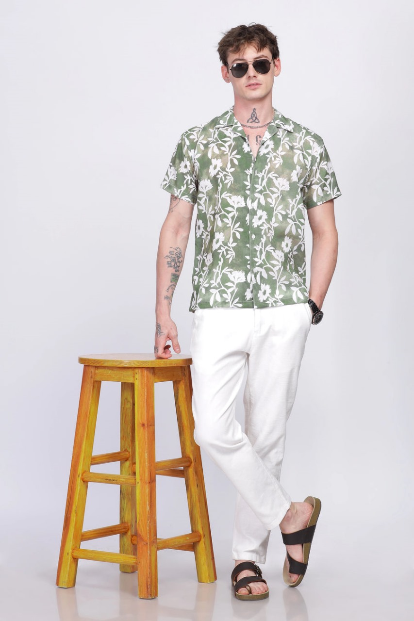 Men’s Green & White Floral Printed Cuban Collar Casual Summer Shirt |  Short-sleeve shirt